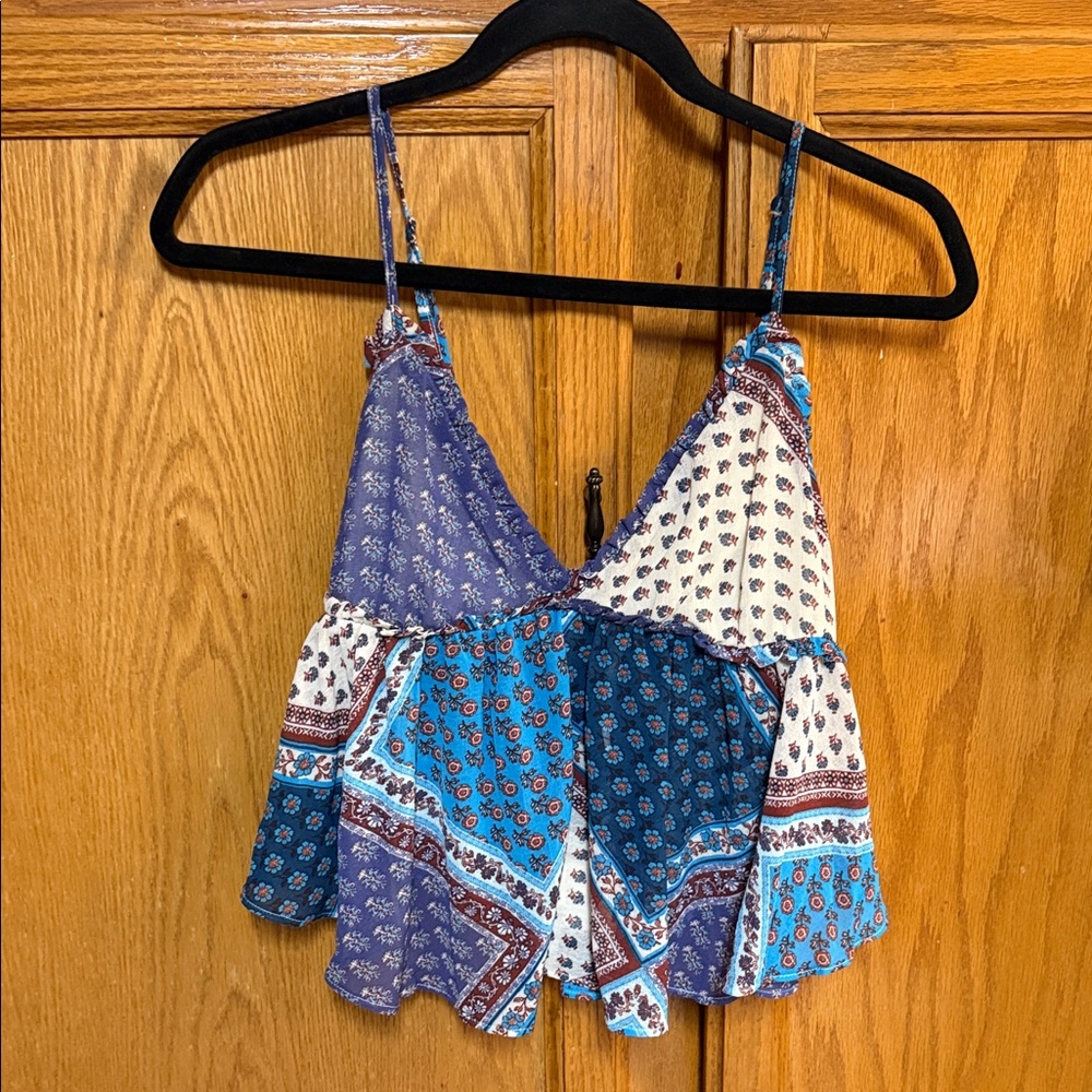 Free People Blue Multi-Patchwork Spaghetti Strap … - image 1